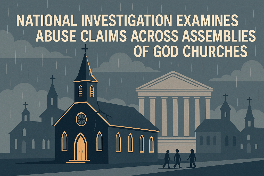 blue background with a church in the foreground with the title National Investigation Examines Abuse Claims Across Assemblies of God Churches - Easton & Easton