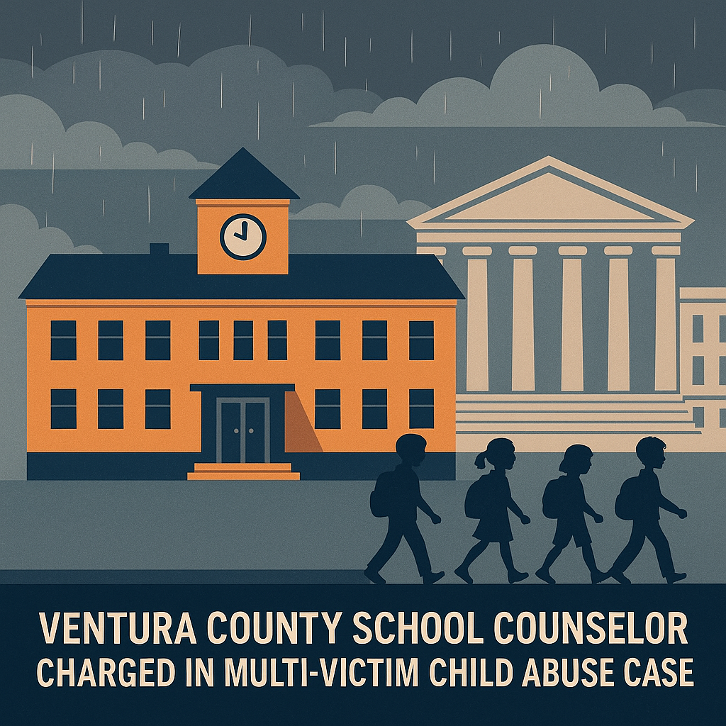 illustration of blue background image with an orange schoolhouse - title Ventura County school counselor charged with multiple counts of child sexual abuse; Easton & Easton